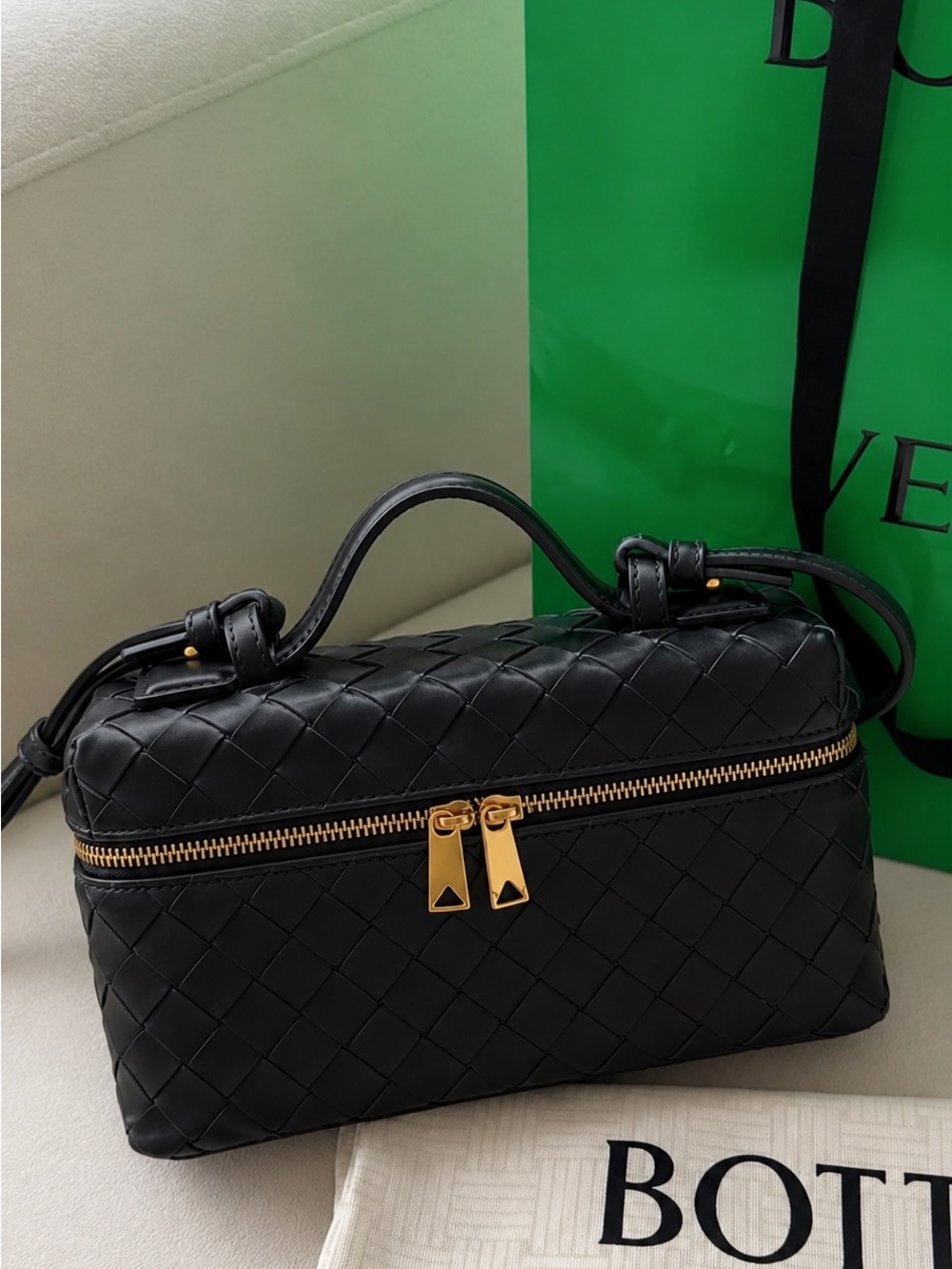 NEW Black Intrecciato Leather Top-Handle Bag